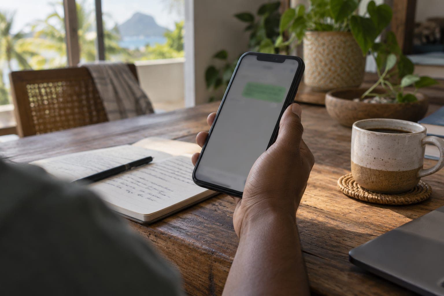 A hand holding a phone with a chat open, notebook and coffee on the desk