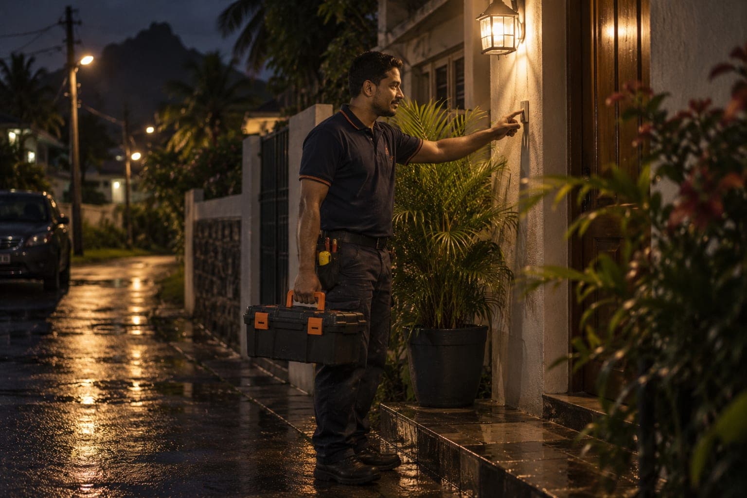 A technician ringing a doorbell at night, toolbox in hand