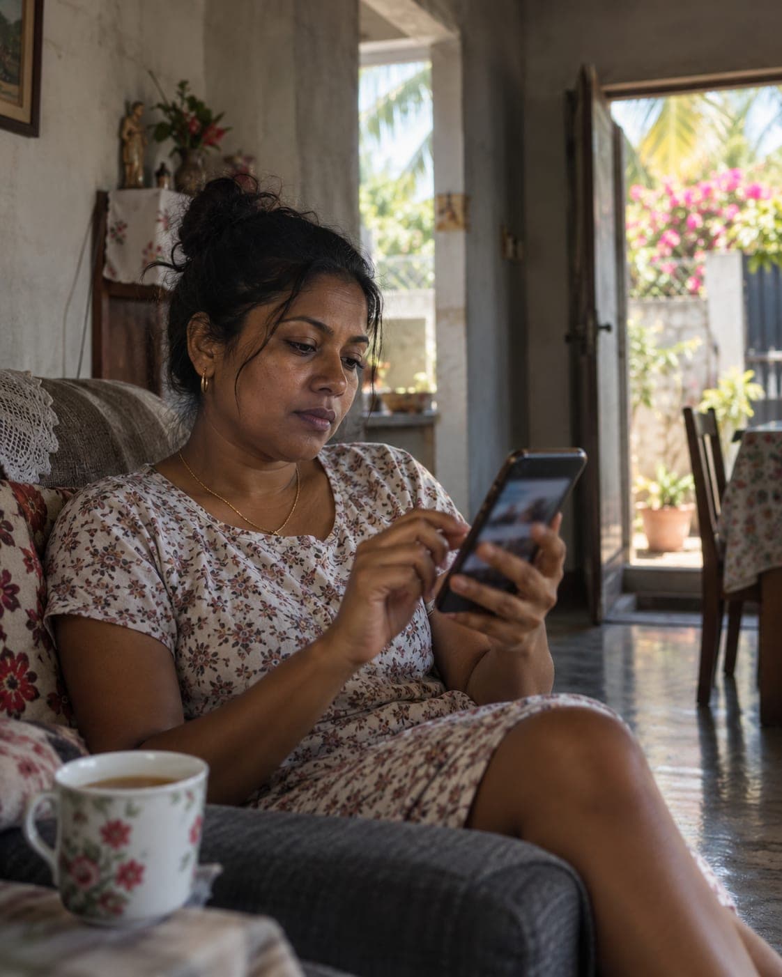 A woman on her sofa choosing a service on her phone