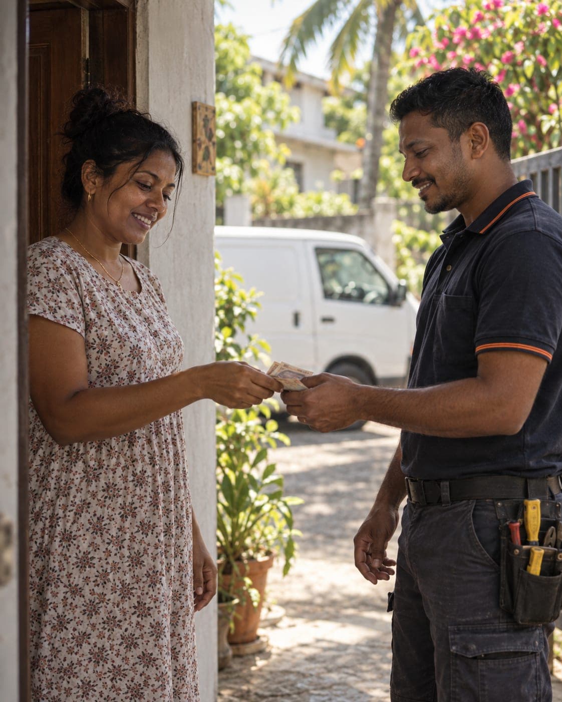 A homeowner handing cash to a technician at the front door