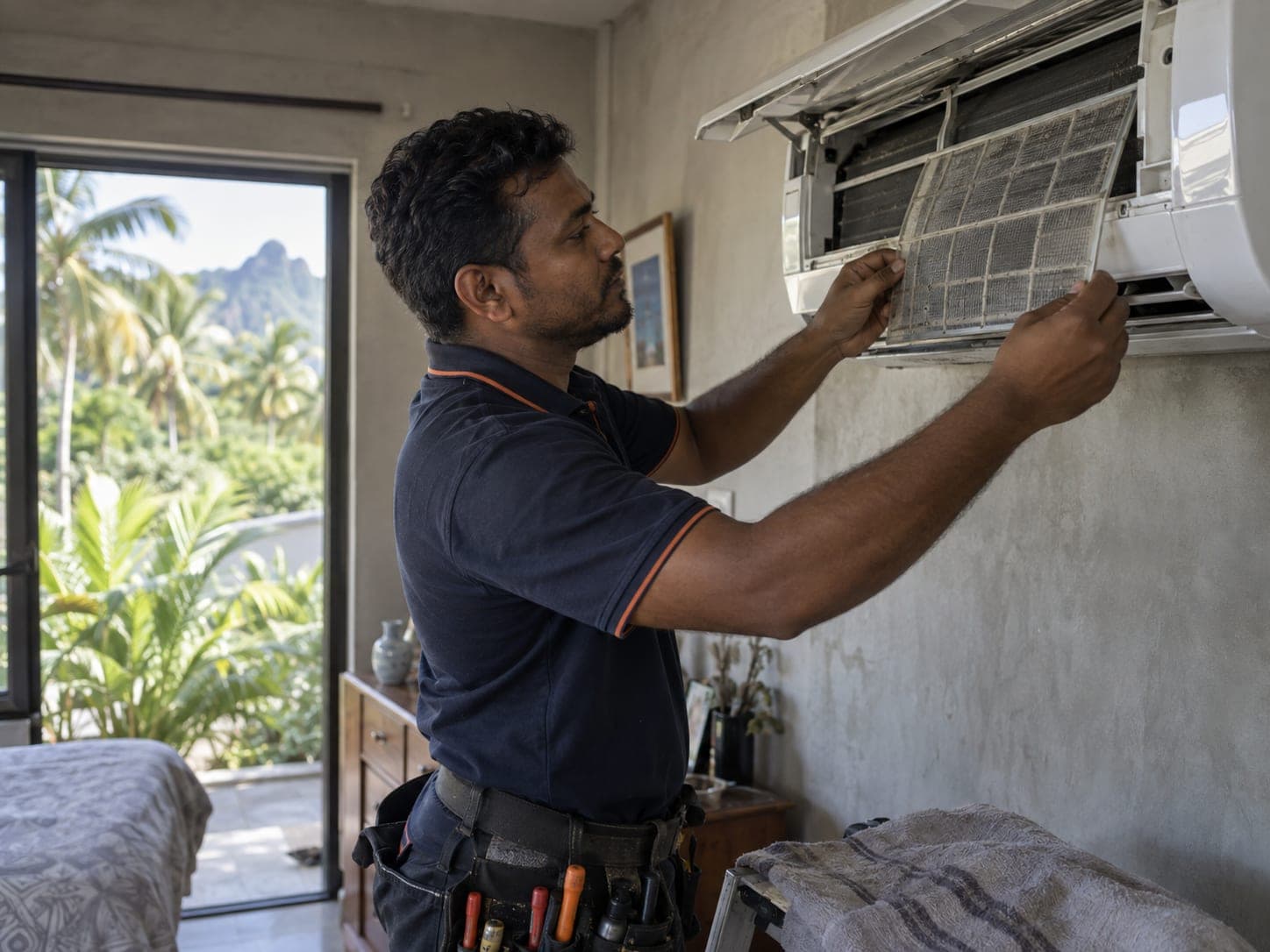 A technician cleaning the filter of a wall-mounted air conditioner