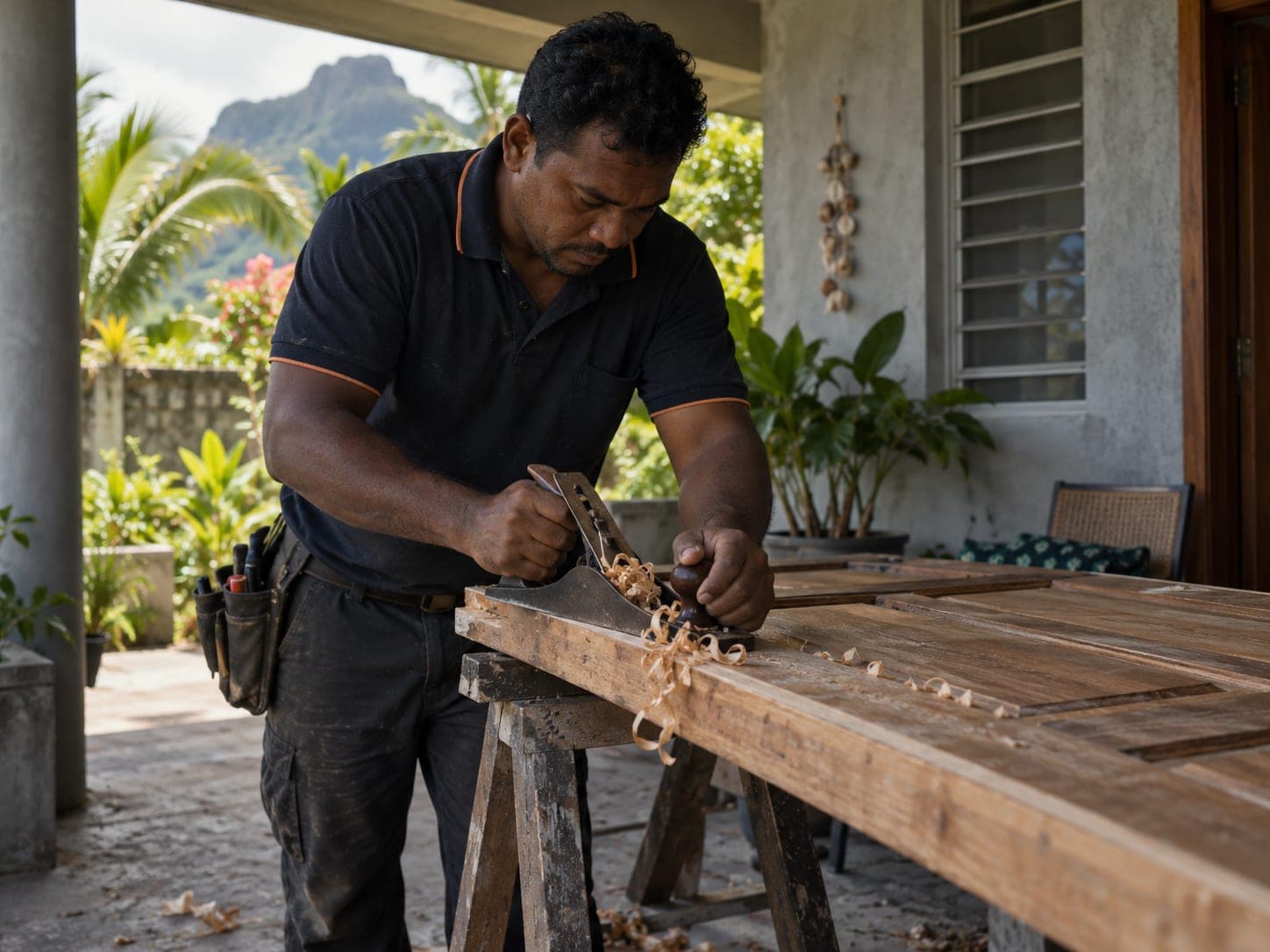 A carpenter planing the edge of a wooden door on sawhorses
