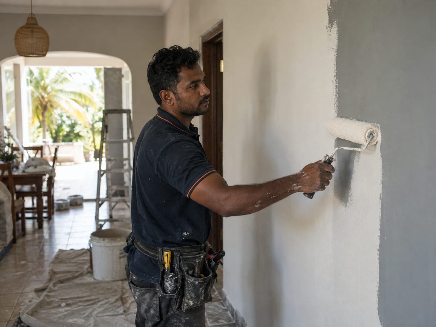 A painter rolling warm white paint over a grey interior wall