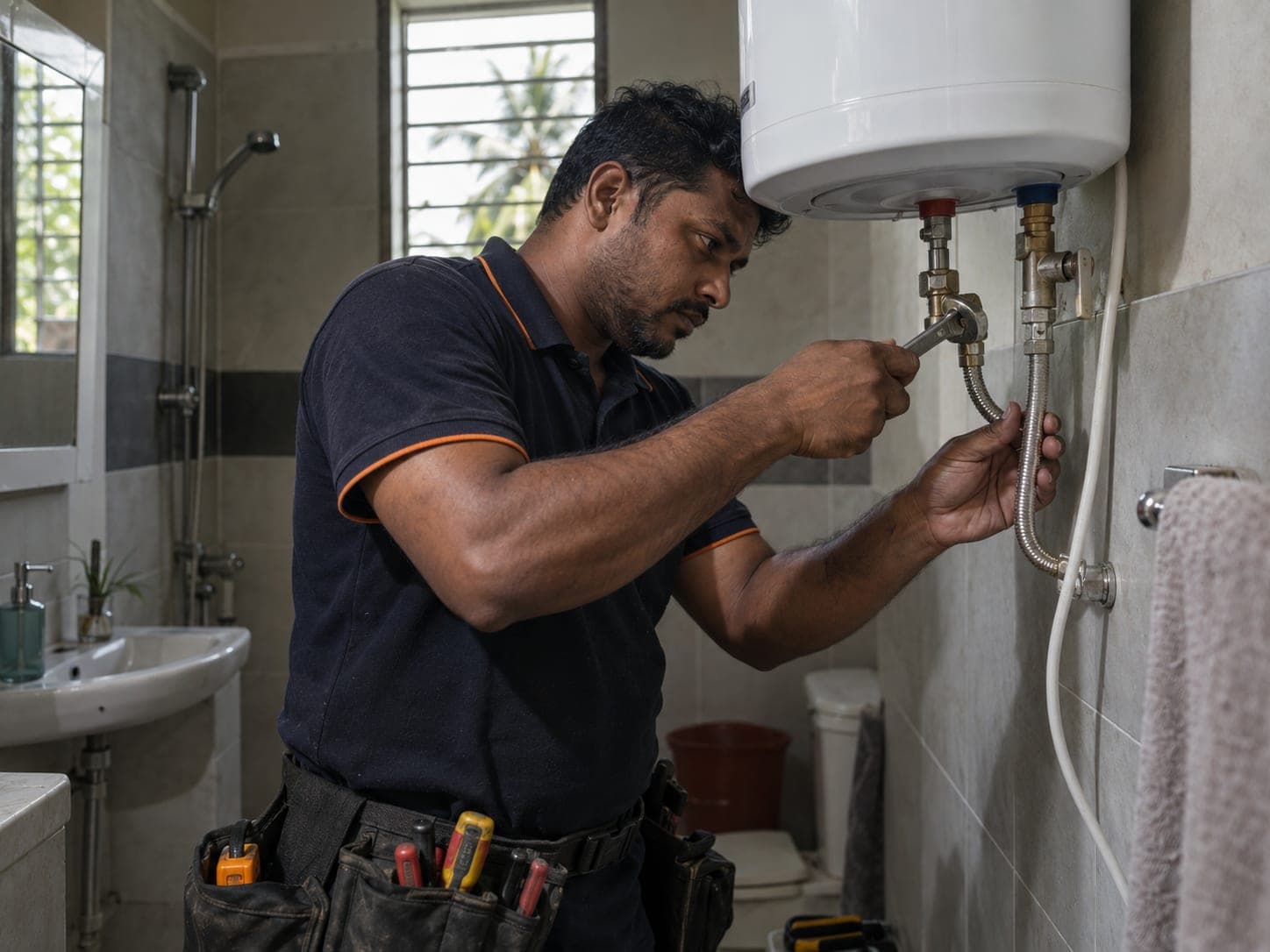 A technician connecting the pipes of a wall-mounted water heater